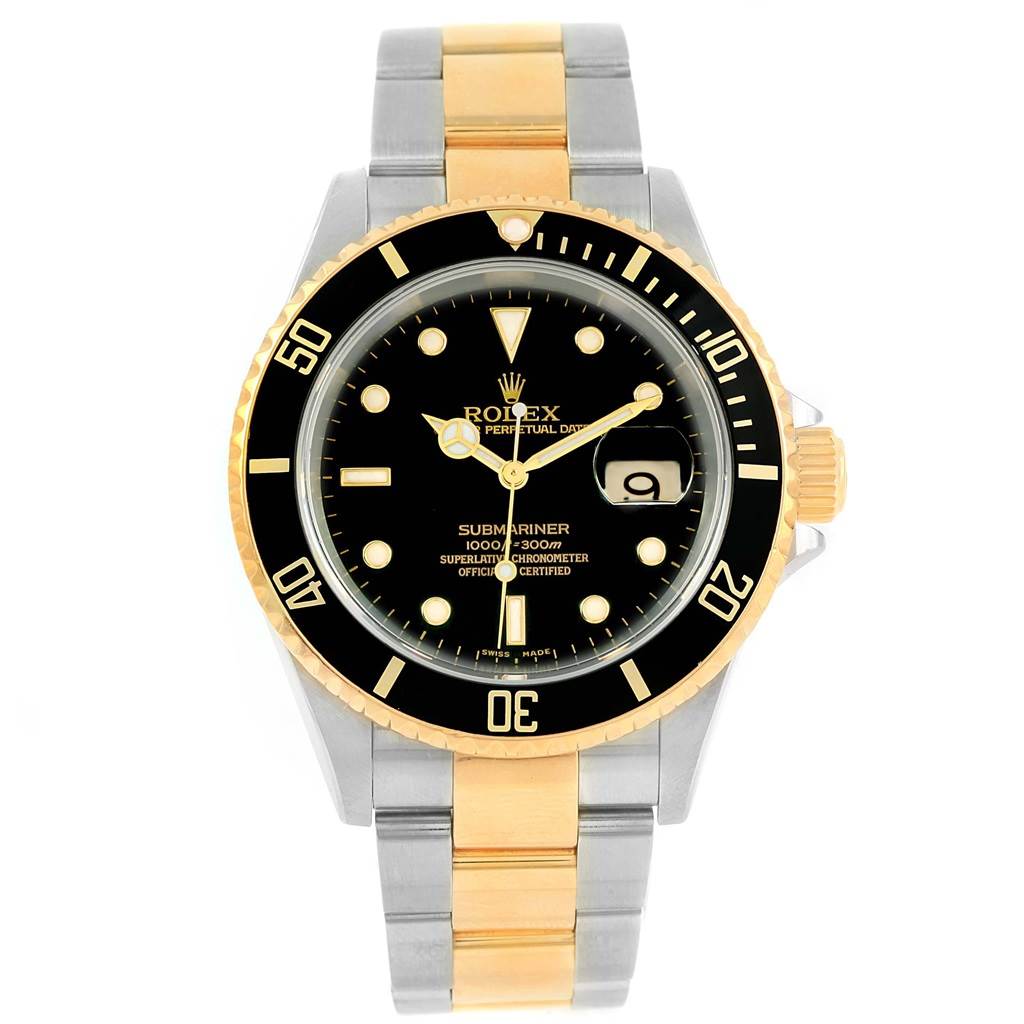 This image shows a front view of a Rolex Submariner 16613 Men's Steel and Gold (two tone) Black Dial 16613 Men's Steel and Gold (two tone) Black Dial watch, displaying its black dial, date window, and two-tone metal bracelet.