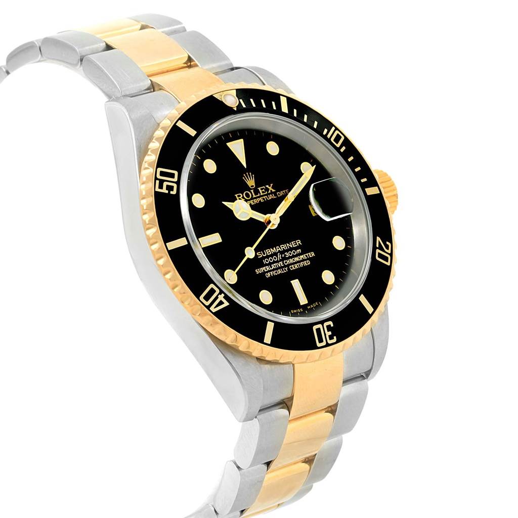 The image shows a side angle of a Rolex Submariner 16613 Men's Steel and Gold (two tone) Black Dial 16613 Men's Steel and Gold (two tone) Black Dial watch, highlighting its black dial, bezel, two-tone bracelet, and gold accents.