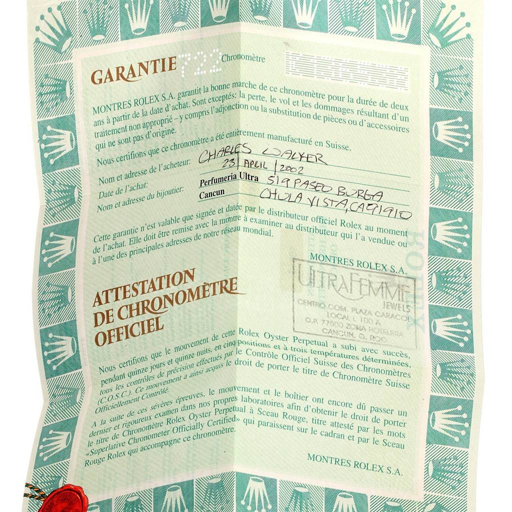 This image shows the guarantee and official chronometer certification document for a Rolex Submariner 16613 Men's Steel and Gold (two tone) Black Dial 16613 Men's Steel and Gold (two tone) Black Dial watch.