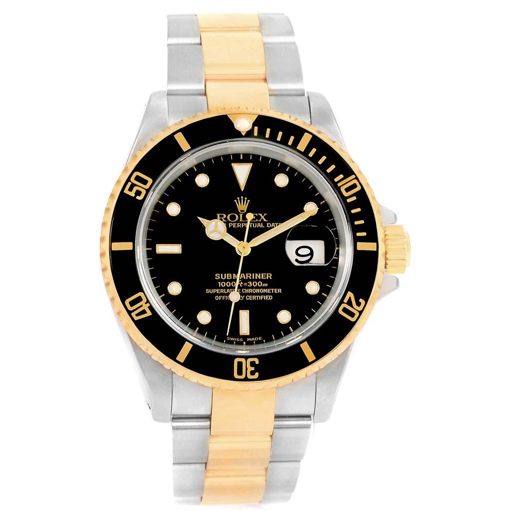 The image shows the front view of a Rolex Submariner 16613 Men's Steel and Gold (two tone) Black Dial 16613 Men's Steel and Gold (two tone) Black Dial watch, displaying its black dial, date window, and two-tone bracelet.
