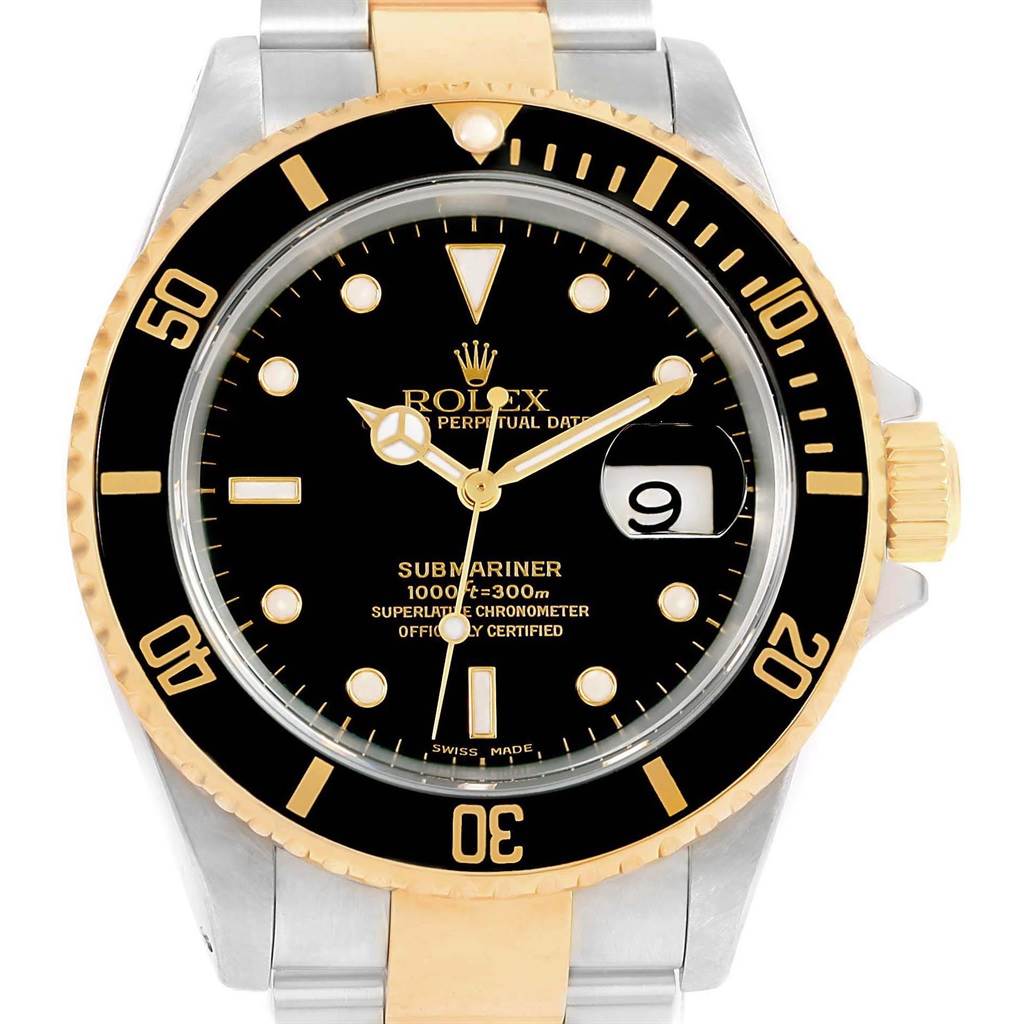 The image shows a frontal view of a Rolex Submariner 16613 Men's Steel and Gold (two tone) Black Dial 16613 Men's Steel and Gold (two tone) Black Dial watch, highlighting its black dial, gold accents, and date magnifier.