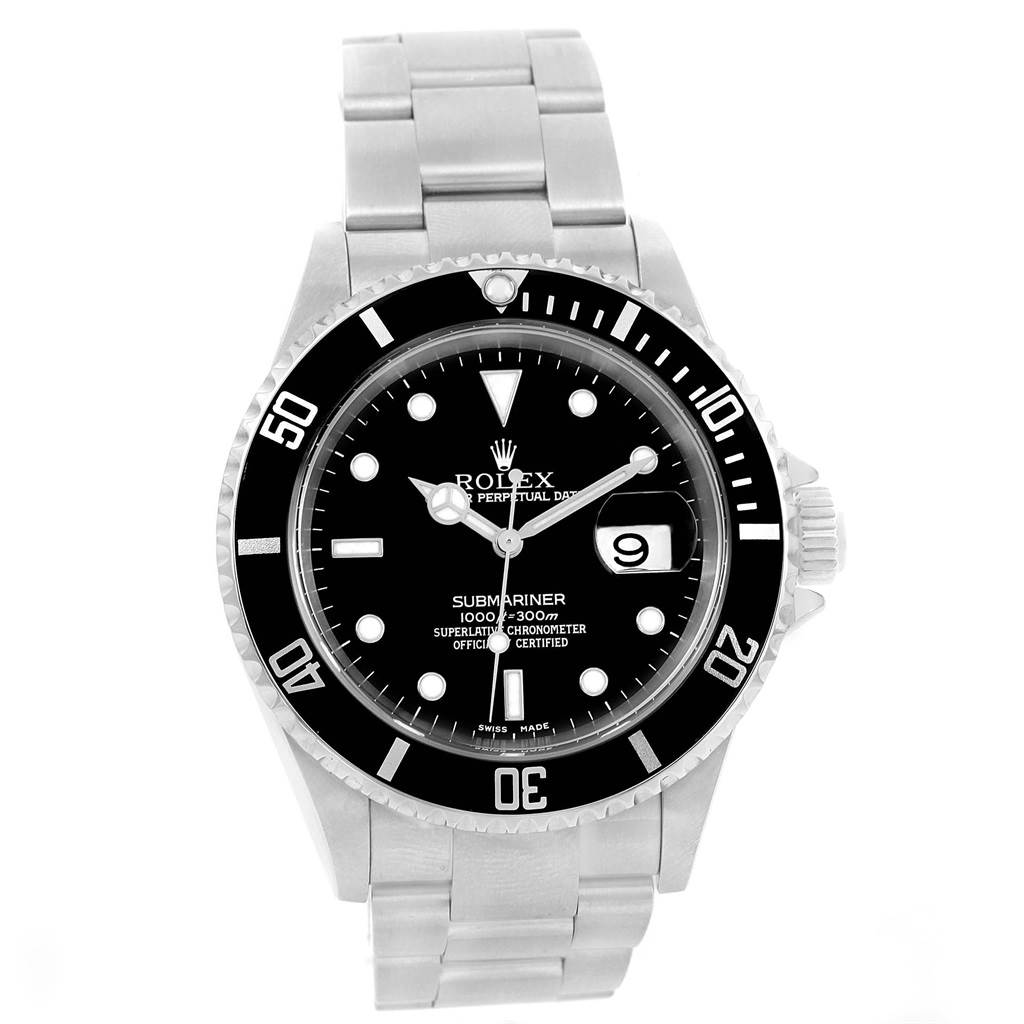 The image shows a Rolex Submariner 16610 Men's Stainless Steel Black Dial 16610 Men's Stainless Steel Black Dial watch front view highlighting its black dial, bezel, and stainless steel bracelet.