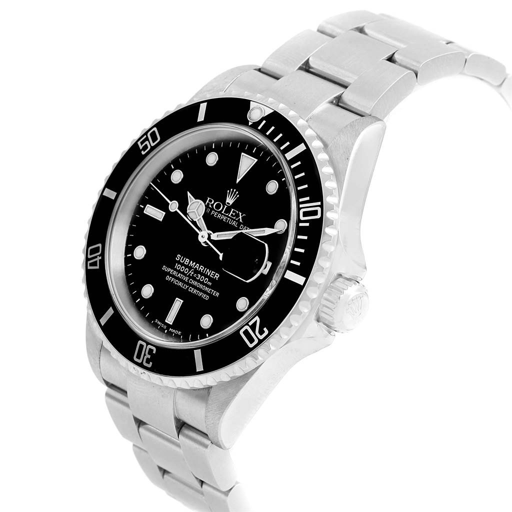 The angle shows the face, bezel, crown, and bracelet of the Rolex Submariner 16610 Men's Stainless Steel Black Dial 16610 Men's Stainless Steel Black Dial watch.