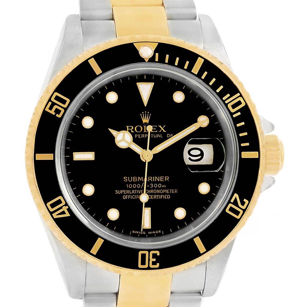 The image shows a front view of the Rolex Submariner 16613 Men's Steel and Gold (two tone) Black Dial 16613 Men's Steel and Gold (two tone) Black Dial watch, displaying its dial, bezel, and part of the bracelet.