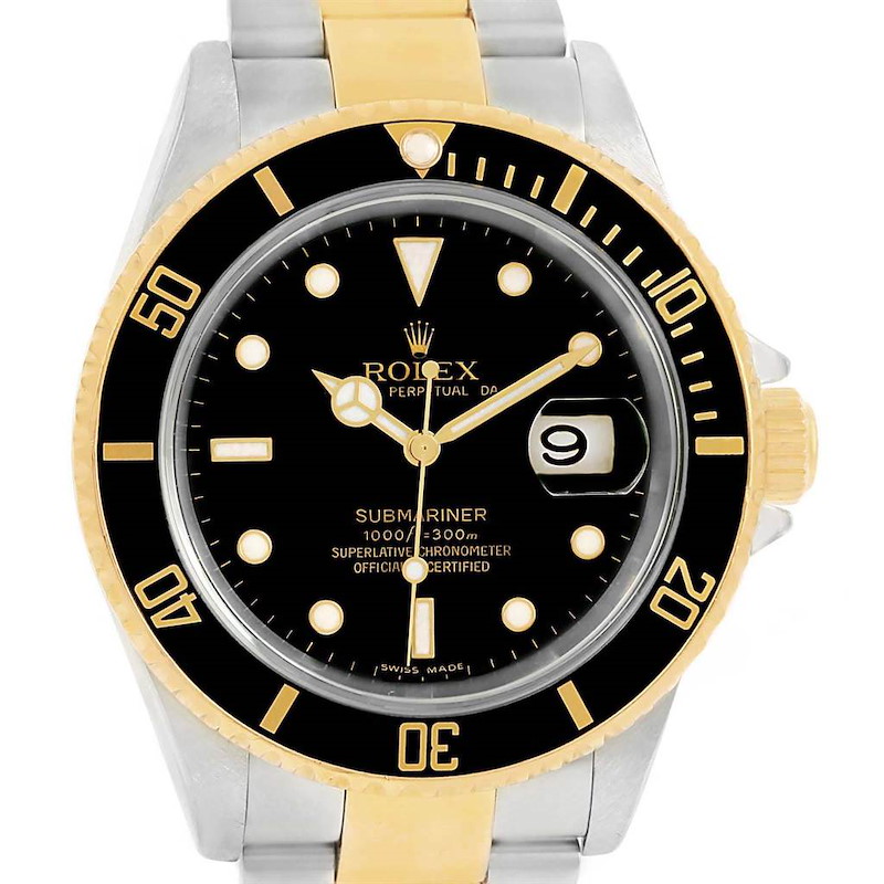 The image shows a front view of the Rolex Submariner 16613 Men's Steel and Gold (two tone) Black Dial 16613 Men's Steel and Gold (two tone) Black Dial watch, displaying its dial, bezel, and part of the bracelet.