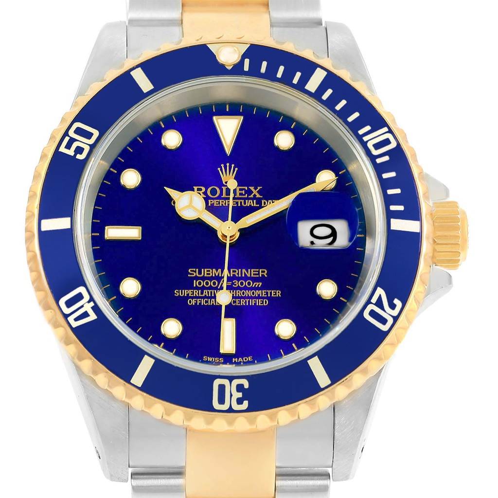 The image shows a frontal view of a Rolex Submariner 16613 Men's Steel and Gold (two tone) Blue Dial 16613 Men's Steel and Gold (two tone) Blue Dial watch, highlighting its blue dial, bezel, and part of the bracelet.