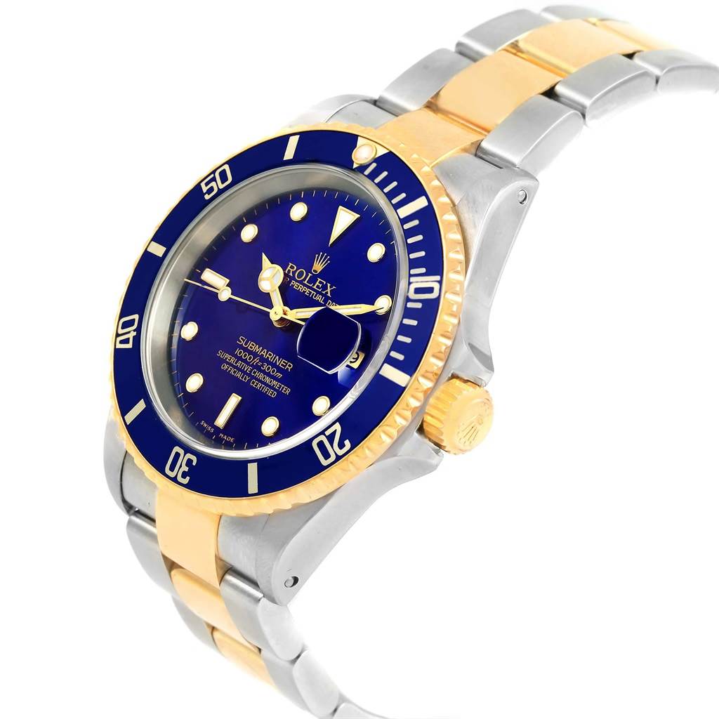 The image shows a Rolex Submariner 16613 Men's Steel and Gold (two tone) Blue Dial 16613 Men's Steel and Gold (two tone) Blue Dial watch angled slightly from the side, displaying the face, bezel, crown, and part of its two-tone bracelet.