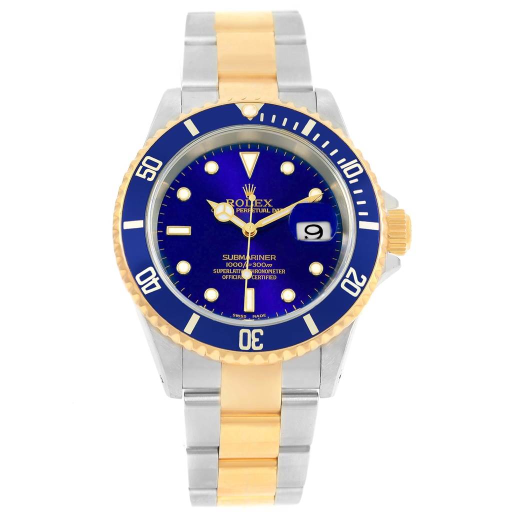The image shows a front view of a Rolex Submariner 16613 Men's Steel and Gold (two tone) Blue Dial 16613 Men's Steel and Gold (two tone) Blue Dial watch, featuring its dial, bezel, and two-tone bracelet.