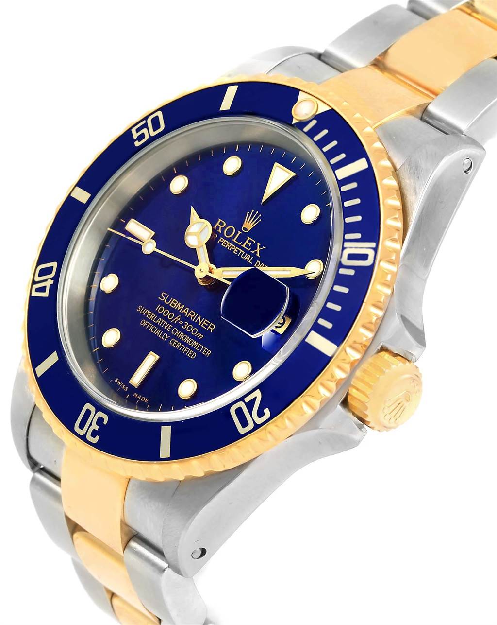 This image shows a Rolex Submariner 16613 Men's Steel and Gold (two tone) Blue Dial 16613 Men's Steel and Gold (two tone) Blue Dial watch at an oblique angle, displaying the dial, bezel, crown, and part of the bracelet.