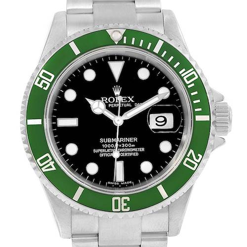 This image shows a front view of the Rolex Submariner 16610LV Men's Stainless Steel Black Dial 16610LV Men's Stainless Steel Black Dial watch, highlighting its green bezel, black dial, bracelet, and Cyclops date window.