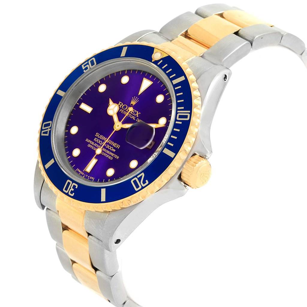 The image shows a side angle view of a Rolex Submariner 16613 Men's Steel and Gold (two tone) Blue Dial 16613 Men's Steel and Gold (two tone) Blue Dial watch, highlighting its bezel, crown, and two-tone bracelet.