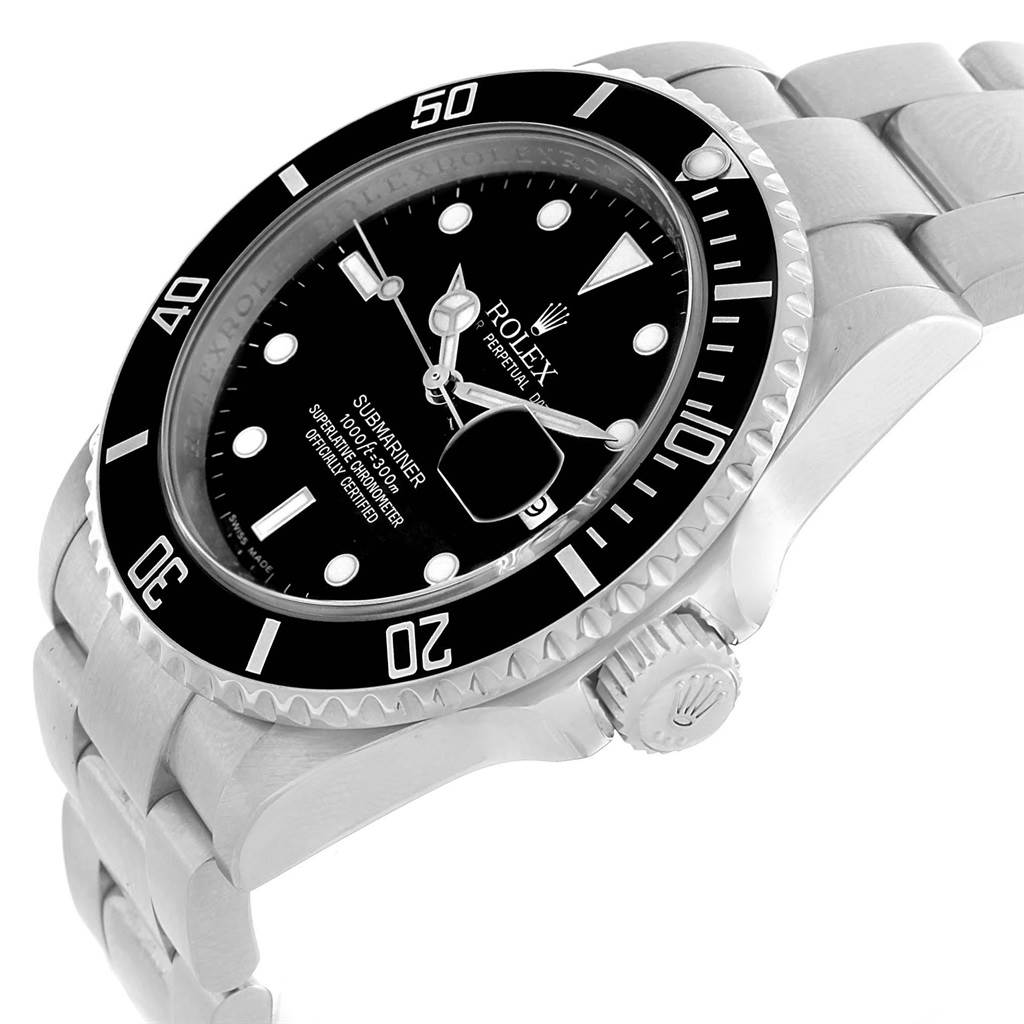 The image shows a Rolex Submariner 16610 Men's Stainless Steel Black Dial 16610 Men's Stainless Steel Black Dial watch at an angle, highlighting the face, bezel, and a portion of the bracelet.