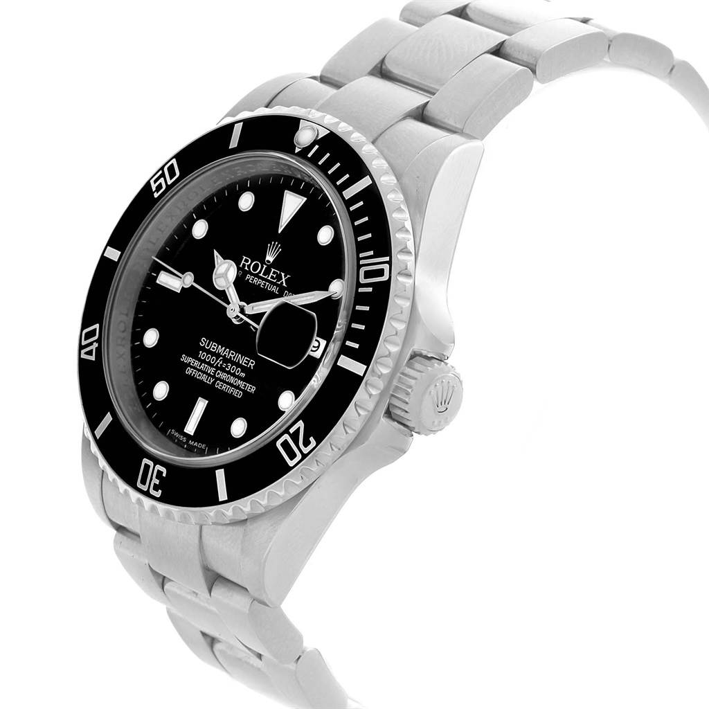 The image shows a Rolex Submariner 16610 Men's Stainless Steel Black Dial 16610 Men's Stainless Steel Black Dial from an angled side view, displaying its bezel, dial, crown, and metal bracelet.