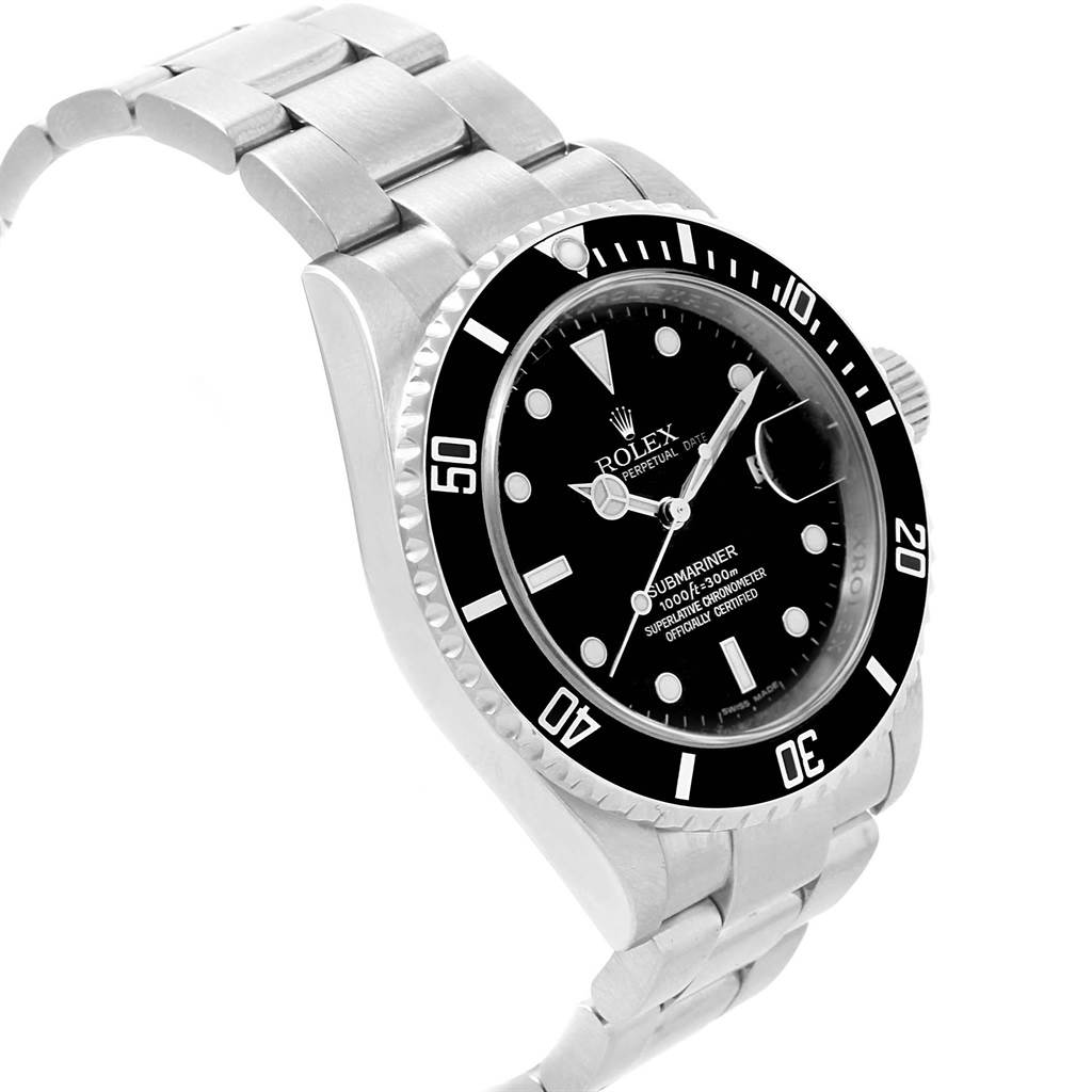 The Rolex Submariner 16610 Men's Stainless Steel Black Dial 16610 Men's Stainless Steel Black Dial watch is displayed at a slight left side angle, showing the face, bezel, and a partial view of the bracelet.