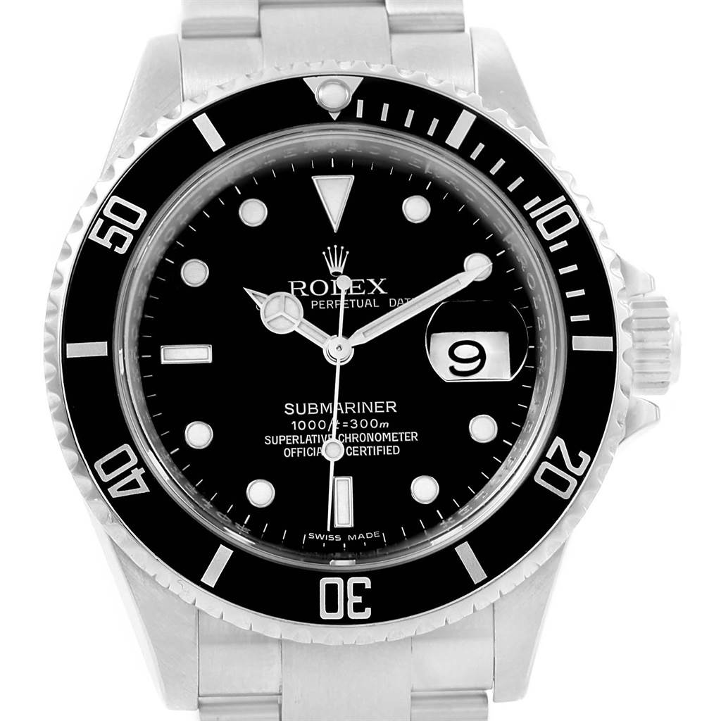 The image shows a front angle of a Rolex Submariner 16610 Men's Stainless Steel Black Dial 16610 Men's Stainless Steel Black Dial watch, featuring the dial, bezel, and part of the bracelet.