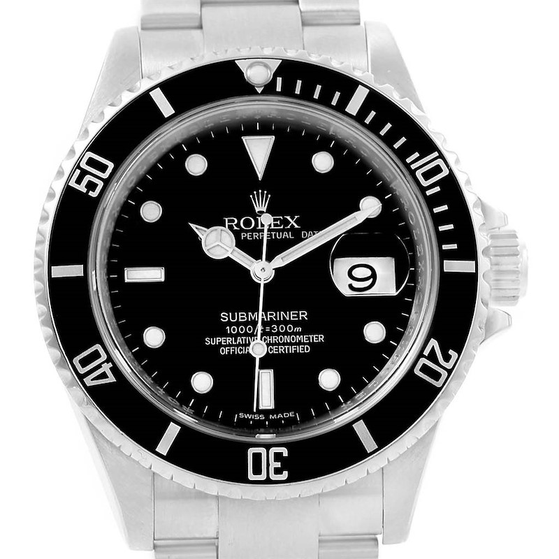 The image shows a front angle of a Rolex Submariner 16610 Men's Stainless Steel Black Dial 16610 Men's Stainless Steel Black Dial watch, featuring the dial, bezel, and part of the bracelet.
