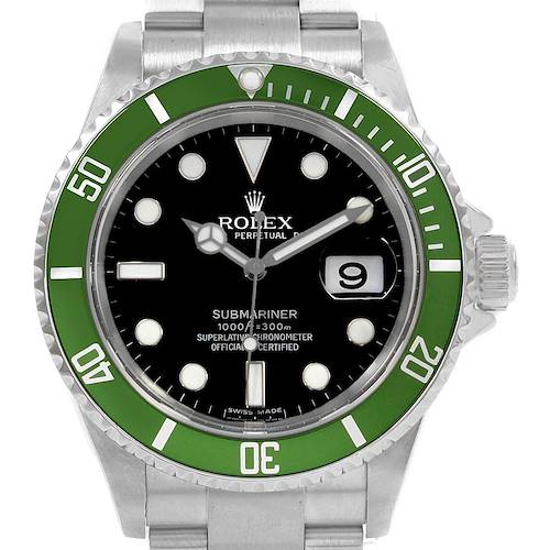 This image shows a front view of a Rolex Submariner 16610LV Men's Stainless Steel Black Dial 16610LV Men's Stainless Steel Black Dial watch with a green bezel and black dial displaying the time and date.