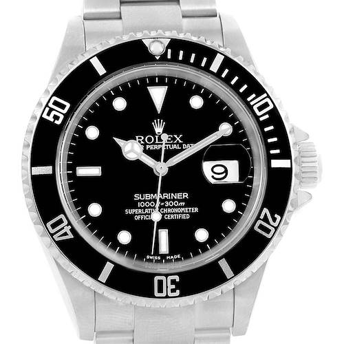 The image shows a front view of a Rolex Submariner 16610 Men's Stainless Steel Black Dial 16610 Men's Stainless Steel Black Dial watch, displaying its face, bezel, and part of the bracelet.