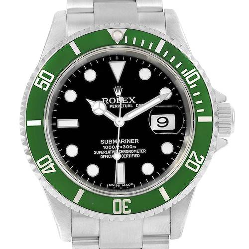 The image shows a front view of the Rolex Submariner 16610LV Men's Stainless Steel Black Dial 16610LV Men's Stainless Steel Black Dial watch displaying its black dial, green bezel, and date window at the 3 o'clock position.
