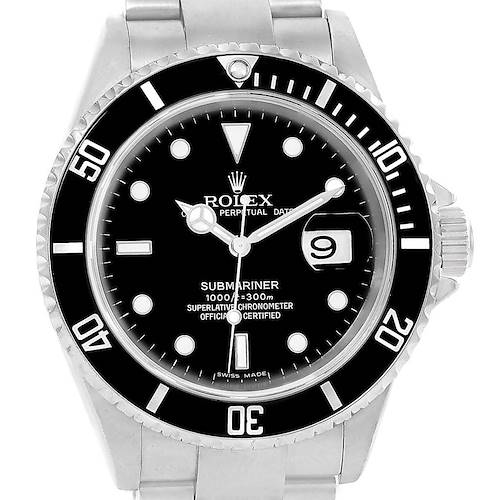 The image shows a front view of the Rolex Submariner 16610 Men's Stainless Steel Black Dial 16610 Men's Stainless Steel Black Dial watch, displaying its face, bezel, and part of the bracelet.