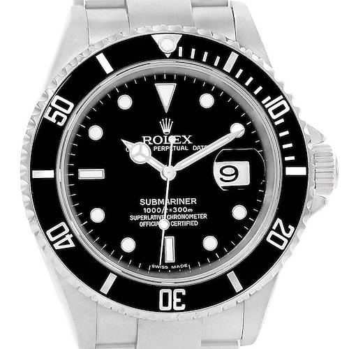 The image shows a frontal view of the Rolex Submariner 16610 Men's Stainless Steel Black Dial 16610 Men's Stainless Steel Black Dial watch, highlighting its dial, bezel, and bracelet.