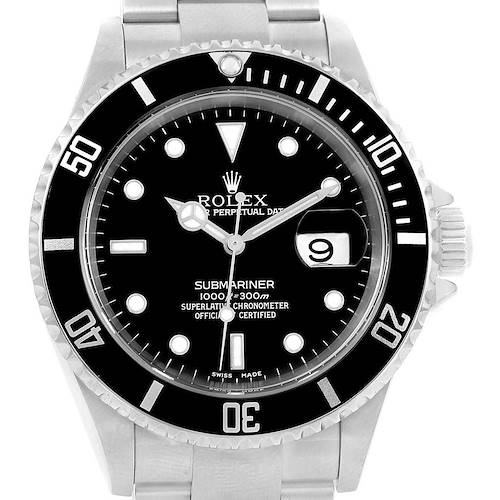 The image shows a front view of a Rolex Submariner 16610 Men's Stainless Steel Black Dial 16610 Men's Stainless Steel Black Dial watch, highlighting its black dial, bezel, and date display.