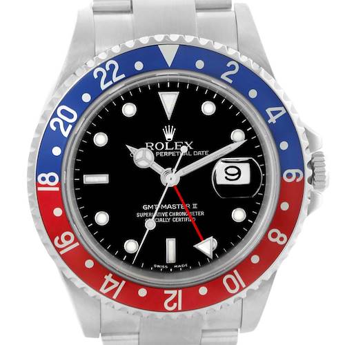 This is a front view of a Rolex GMT-Master II watch, showcasing its bezel, dial, and bracelet.