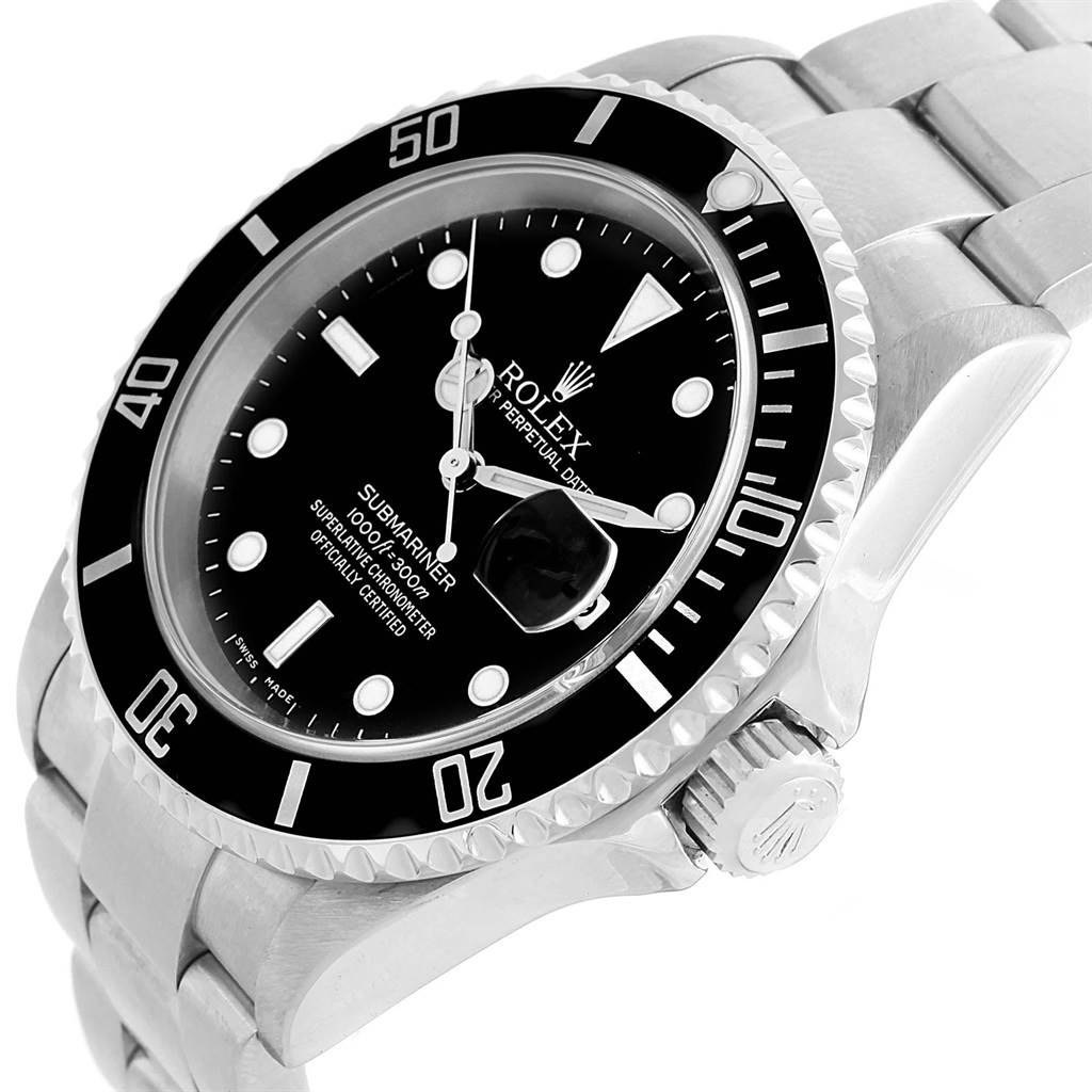 The image shows a Rolex Submariner 16610 Men's Stainless Steel Silver Dial 16610 Men's Stainless Steel Silver Dial watch photographed at an angle displaying its face, bezel, crown, and part of the bracelet.