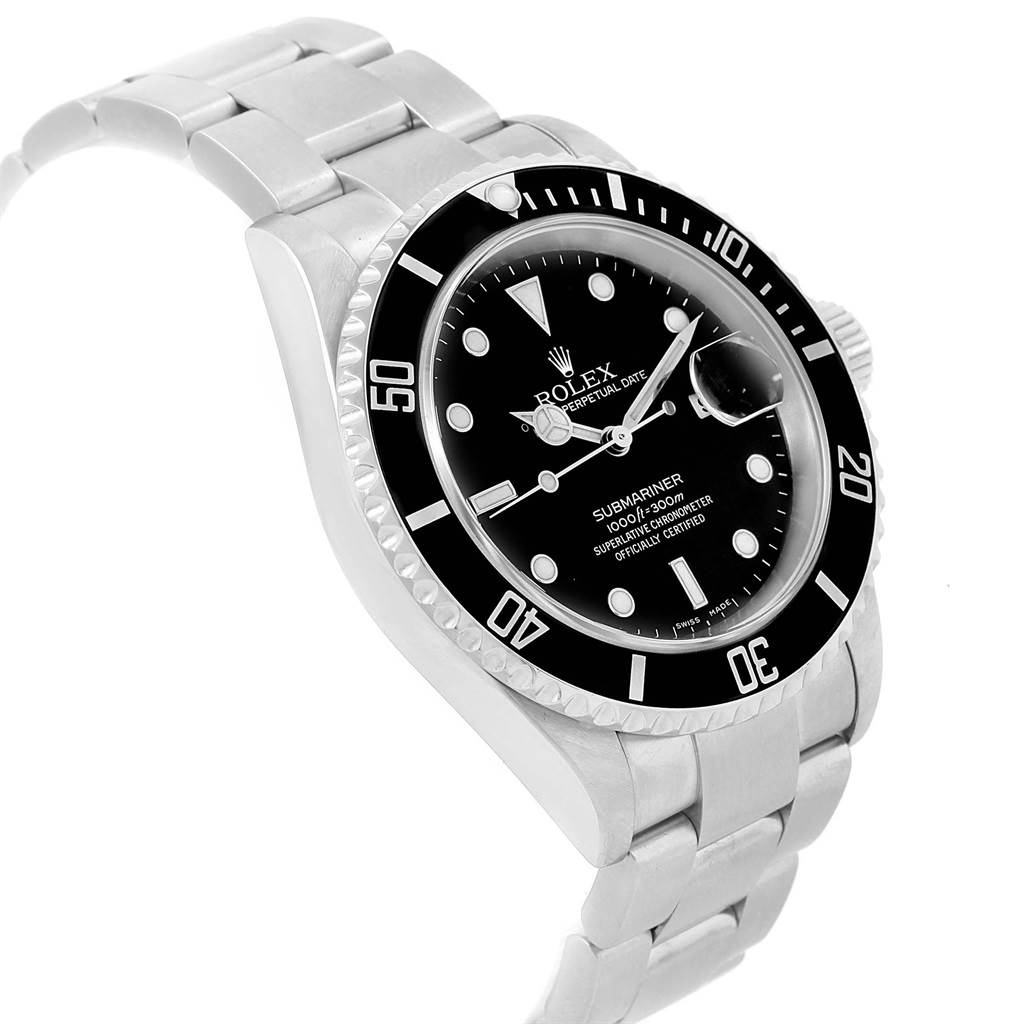 The image shows a Rolex Submariner 16610 Men's Stainless Steel Silver Dial 16610 Men's Stainless Steel Silver Dial watch at a three-quarter angle, highlighting its dial, bezel, and band.