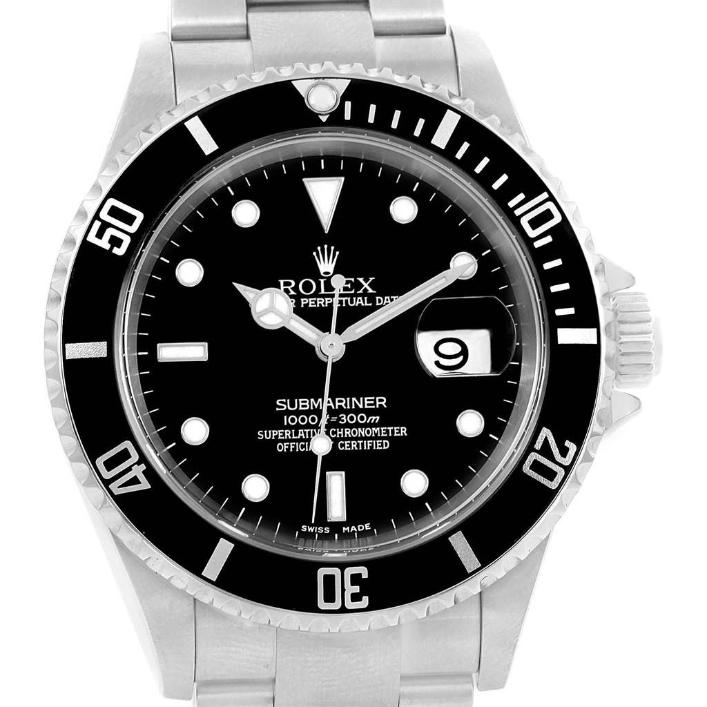 The image shows a front view of the Rolex Submariner 16610 Men's Stainless Steel Silver Dial 16610 Men's Stainless Steel Silver Dial watch, highlighting the dial, bezel, and part of the bracelet.