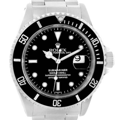 The image shows a front view of the Rolex Submariner 16610 Men's Stainless Steel Black Dial 16610 Men's Stainless Steel Black Dial watch, highlighting its dial, bezel, and bracelet.