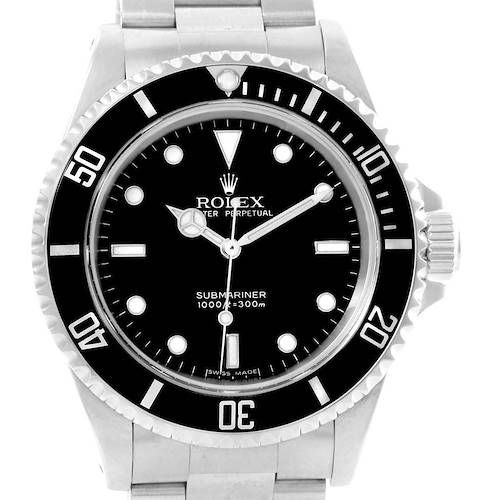This is a front view of the Rolex Submariner 14060 Men's Stainless Steel Black Dial 14060 Men's Stainless Steel Black Dial showing the black dial, bezel, and part of the stainless steel bracelet.