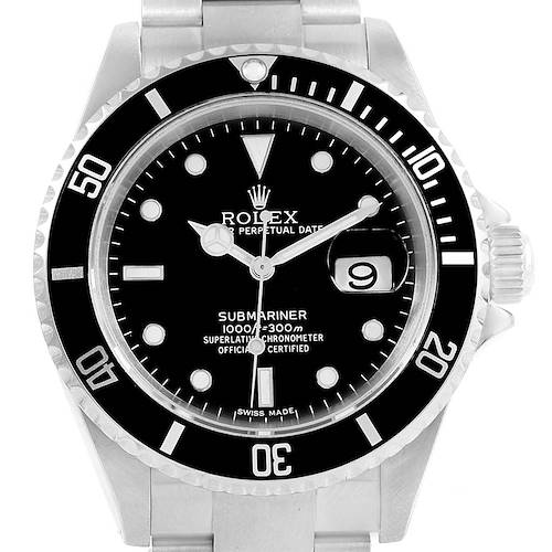 The Rolex Submariner 16610 Men's Stainless Steel Black Dial 16610 Men's Stainless Steel Black Dial watch is shown from the front, highlighting its dial, bezel, bracelet, and crown.