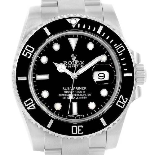 This image shows a front view of the Rolex Submariner 116610 Men's Stainless Steel Black Dial 116610 Men's Stainless Steel Black Dial watch, highlighting its dial, bezel, and bracelet.