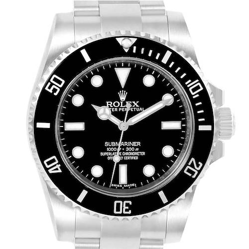 The image displays a frontal view of a Rolex Submariner 114060 Men's Stainless Steel Black Dial 114060 Men's Stainless Steel Black Dial watch, highlighting the dial, bezel, and bracelet.