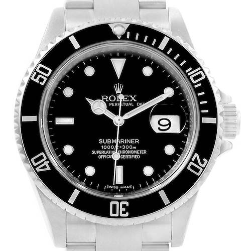 The image shows a front view of the Rolex Submariner 16610 Men's Stainless Steel Black Dial 16610 Men's Stainless Steel Black Dial, displaying the dial, bezel, date window, and part of the bracelet.