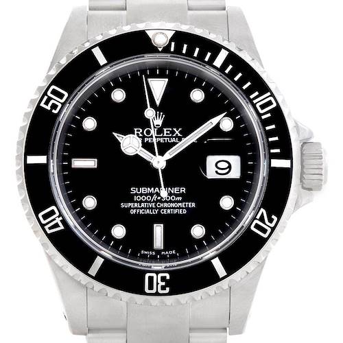 The image shows a front view of the Rolex Submariner 16610 Men's Stainless Steel Black Dial 16610 Men's Stainless Steel Black Dial watch, detailing its dial, bezel, and bracelet.