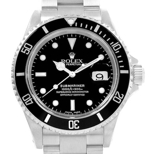 The image shows a front view of a Rolex Submariner 16610 Men's Stainless Steel Black Dial 16610 Men's Stainless Steel Black Dial watch highlighting its black dial, bezel, and bracelet.