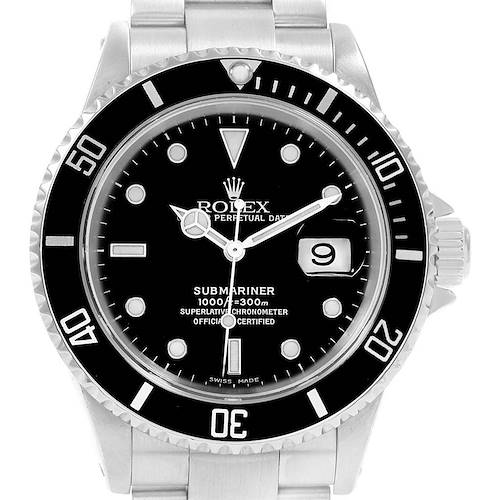 This Rolex Submariner 16610 Men's Stainless Steel Black Dial 16610 Men's Stainless Steel Black Dial watch is shown from the front, displaying the dial, bezel, and part of the bracelet.