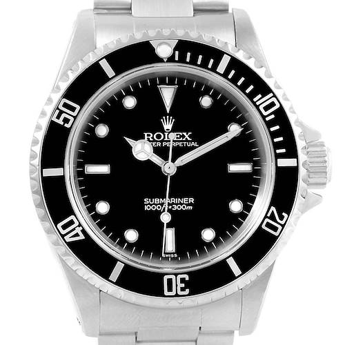 The image shows a front view of a Rolex Submariner 14060 Men's Stainless Steel Black Dial 14060 Men's Stainless Steel Black Dial watch, showcasing the dial, bezel, and part of the bracelet.