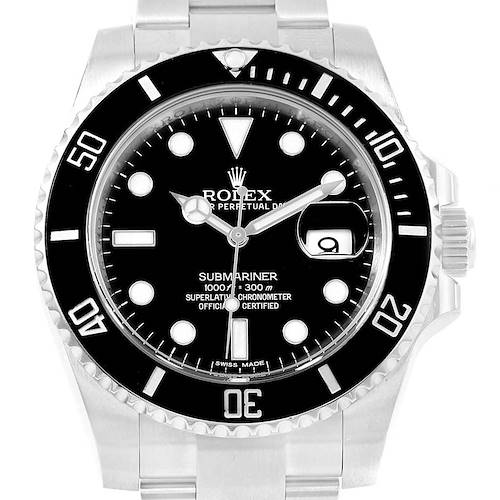 This image shows a frontal view of the Rolex Submariner 116610 Men's Stainless Steel Black Dial 116610 Men's Stainless Steel Black Dial watch, displaying its dial, bezel, and part of the bracelet.