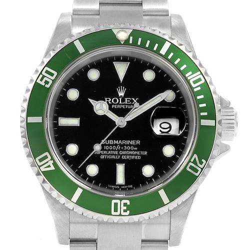 The image shows the front view of a Rolex Submariner 16610LV Men's Stainless Steel Black Dial 16610LV Men's Stainless Steel Black Dial watch, showcasing the green bezel, black dial, and stainless steel bracelet.