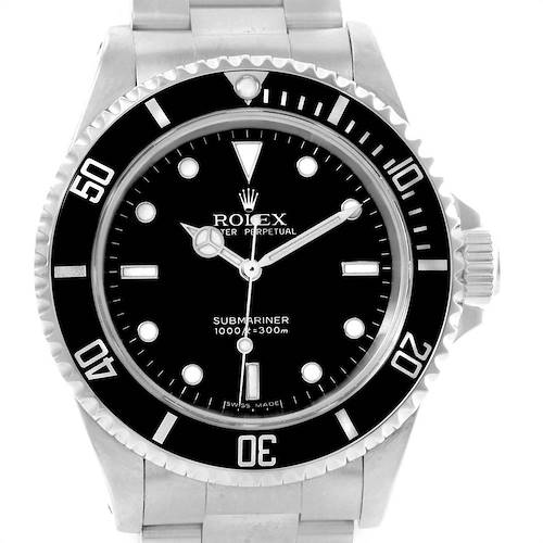 The image shows a front-facing view of a Rolex Submariner 14060 Men's Stainless Steel Black Dial 14060 Men's Stainless Steel Black Dial watch, highlighting its bezel, dial, and bracelet.