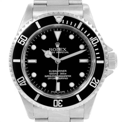 The image shows a front view of the Rolex Submariner 14060 Men's Stainless Steel Black Dial 14060 Men's Stainless Steel Black Dial watch, highlighting its bezel, dial, hands, and bracelet top part.