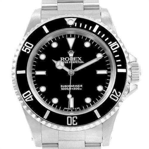 The image shows a front view of the Rolex Submariner 14060 Men's Stainless Steel Black Dial 14060 Men's Stainless Steel Black Dial watch, featuring its dial, bezel, and part of the stainless steel bracelet.