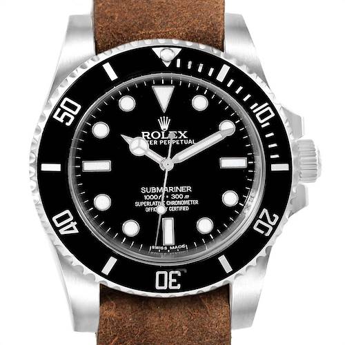 The image shows a frontal view of a Rolex Submariner 114060 Men's Stainless Steel Black Dial 114060 Men's Stainless Steel Black Dial with a black dial, black bezel, and a brown leather strap.