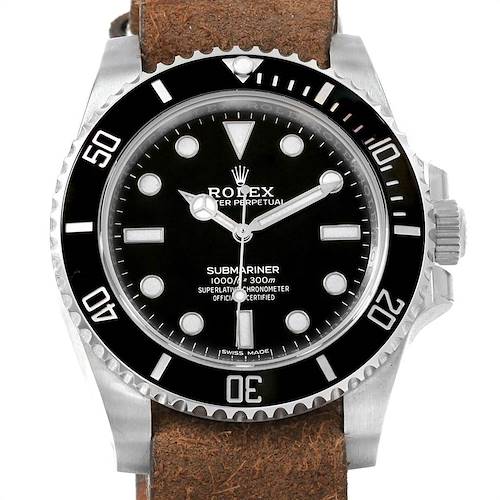 The image shows a Rolex Submariner 114060 Men's Stainless Steel Black Dial 114060 Men's Stainless Steel Black Dial watch from a front angle, highlighting the dial, bezel, hands, and crown with a leather strap.