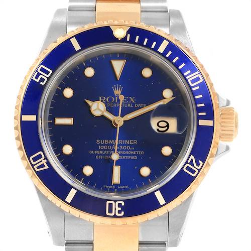 The image shows a frontal view of a Rolex Submariner 16613 Men's Steel and Gold (two tone) Blue Dial 16613 Men's Steel and Gold (two tone) Blue Dial watch featuring a blue dial and bezel with gold accents and a stainless steel bracelet.