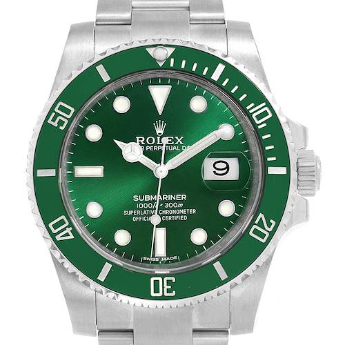 This image shows a front view of the Rolex Submariner 116610LV Men's Stainless Steel Green Dial 116610LV Men's Stainless Steel Green Dial watch, highlighting its face, bezel, dial, and bracelet.