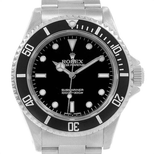 This image shows a front view of a Rolex Submariner 14060 Men's Stainless Steel Black Dial 14060 Men's Stainless Steel Black Dial watch, featuring its bezel, dial, and markers.